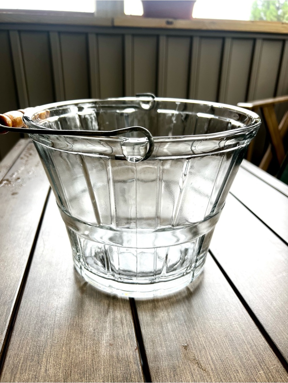 Vintage Anchor Hocking Clear Glass Ice Bucket | Basket Weave | Wood Handle